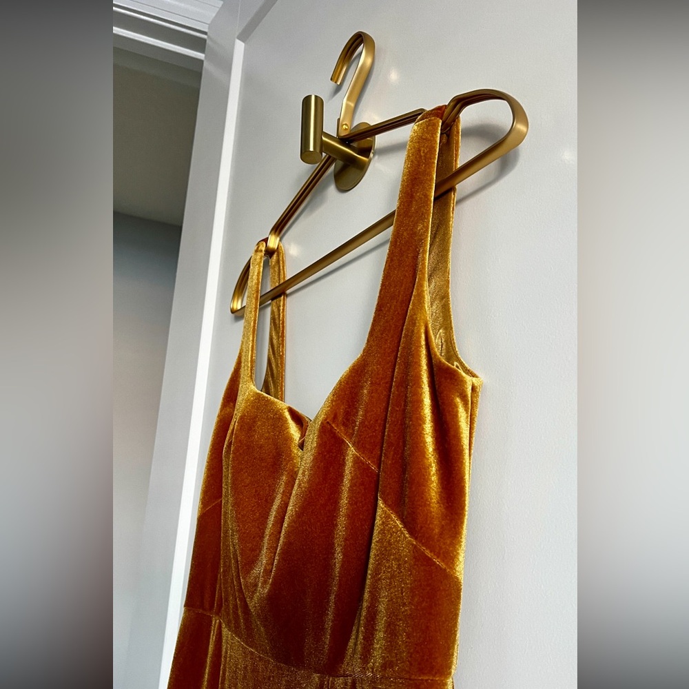 EUC JENNY YOO Velvet Bridesmaid Gown Marigold Gold Size 6 Square Neck Maxi - Picture 5 of 9